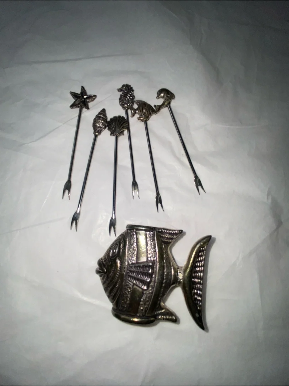 Silver-Tone Nautical Fish Cocktail Picks and Holder Set